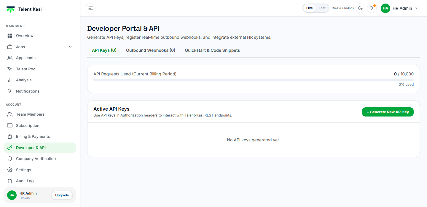Developer & API page in the Talent Kasi dashboard, showing API request usage and the Generate New API Key button